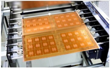 An Absolics glass core substrate panel.