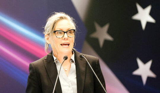 Feature Photo: Arizona Governor Katie Hobbs speaks at the US Business Day forum in Taipei yesterday. Photo Credit: Carlos Garcia Rawlins, Reuters