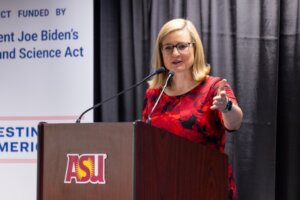 Phoenix Mayor Kate Gallego speaks during the Microelectronics Commons Announcement Event at ASU’s Macro Technology Works in Tempe on Sept. 17, 2024. (Photo by Samantha Chow/Arizona State University)