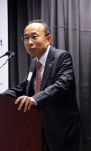 Professor and Principal Investigator of Northwest-AI-Hub Philip Wong speaks during the Microelectronics Commons Announcement Event at ASU’s Macro Technology Works in Tempe on Sept. 17, 2024. (Photo by Samantha Chow/Arizona State University)
