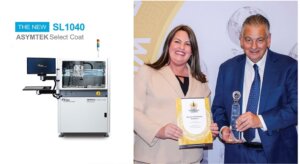 In the left panel is an Industrial machine; text says, The New SL-1040 ASYMTEK Select Coat. In the right panel, a woman holds a plaque, and a man holds an award statue. 