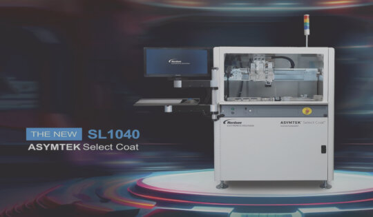Industrial machine sitting on a circle pedestal in front of a dramatic background; text says, The New SL-1040 ASYMTEK Select Coat.