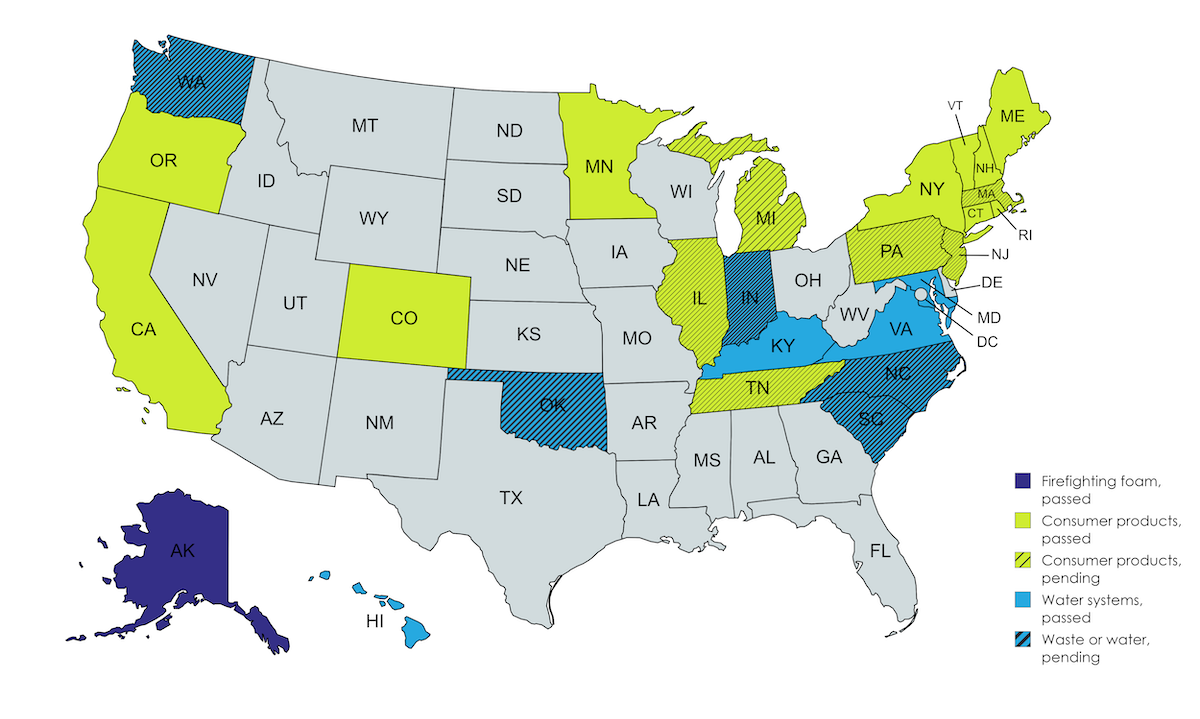 Figure 1: US Map Highlighting states with passed or pending legislation regulating per- or polyfluoroalkyl substances use