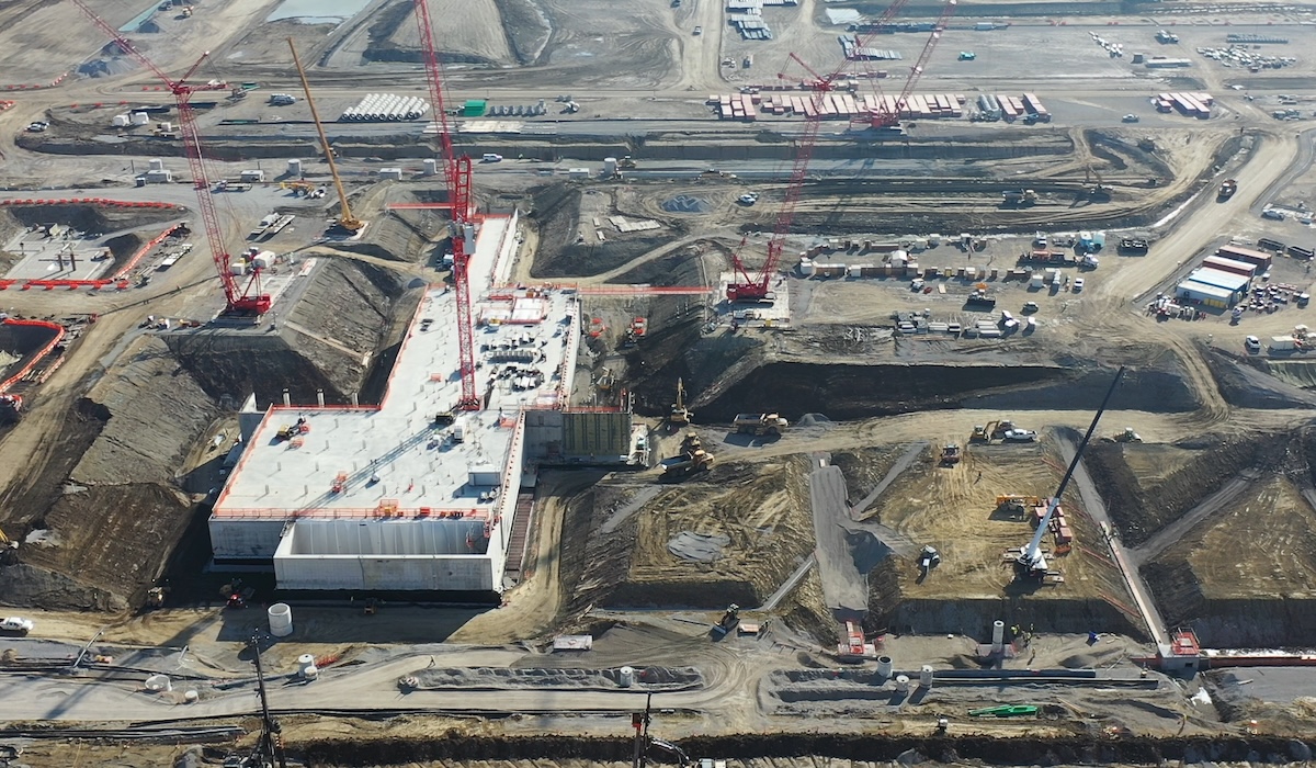 An aerial view from February 2024 shows construction progress at Intel's Ohio One campus of nearly 1,000 acres in Licking County, Ohio. Intel announced plans in January 2022, to invest more than $20 billion in the construction of two new leading-edge chip factories in Ohio. The company broke ground in September 2022. The investment will serve the needs of Intel Foundry customers as part of the company’s IDM 2.0 strategy. (Credit: Intel Corporation)