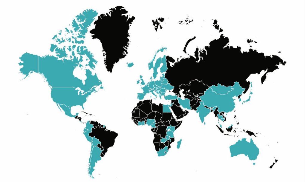 Figure 1. Countries with e-waste regulations, as of 2022-2023, shaded in teal. Includes Australia, 10 countries in Africa, 10 in Asia, 25 in Europe, 4 in the Middle East, 3 in North America, and 5 in South America. Image credit: Sirajum Munir Galib in Materials and Sustainability by Julia L Freer Goldstein and Paul Foulkes-Arellano.
