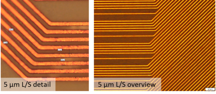 Figure 11: 5µm L/S RDL fan out CHARM demonstrator