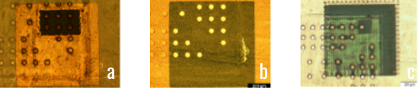 Figure 6: Opening of marks by a) litho & wet etch, b) litho & dry etch, c) laser