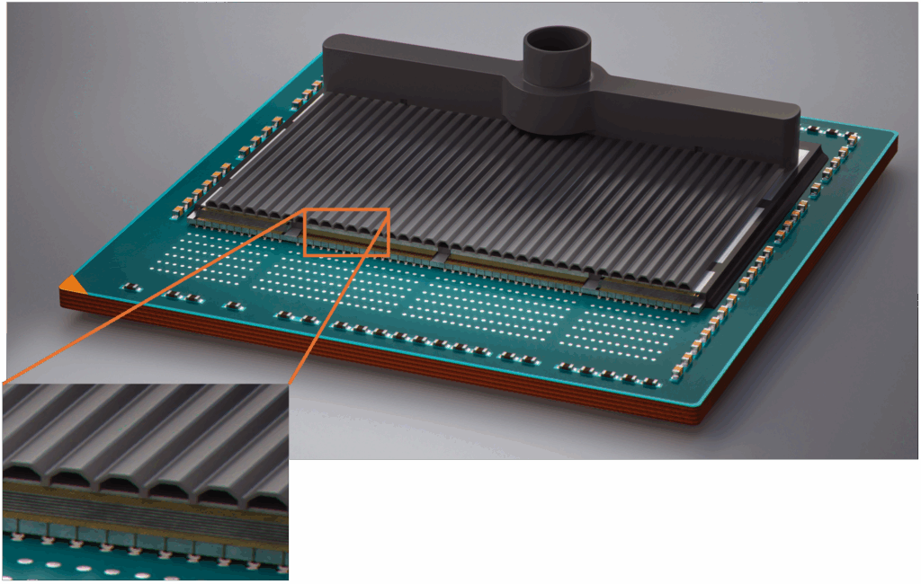 Figure 2: Conceptual drawing of Adeia’s Integrated Cooling Solution attached to a HPC module. The cut-away drawing shows the silicon based cold plate, and a portion of the coolant manifold attached to cold plate.