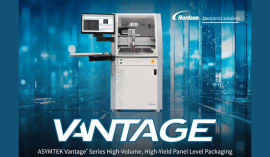 An industrial machine on a stylized background. The text says, Vantage Series High-Volume, High-Yield Panel Level Packaging